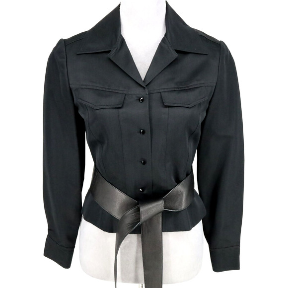 Carmen Marc Valvo Jacket Womens 4 Black Crop Fitted and Leather Belt Size Small - Picture 1 of 16